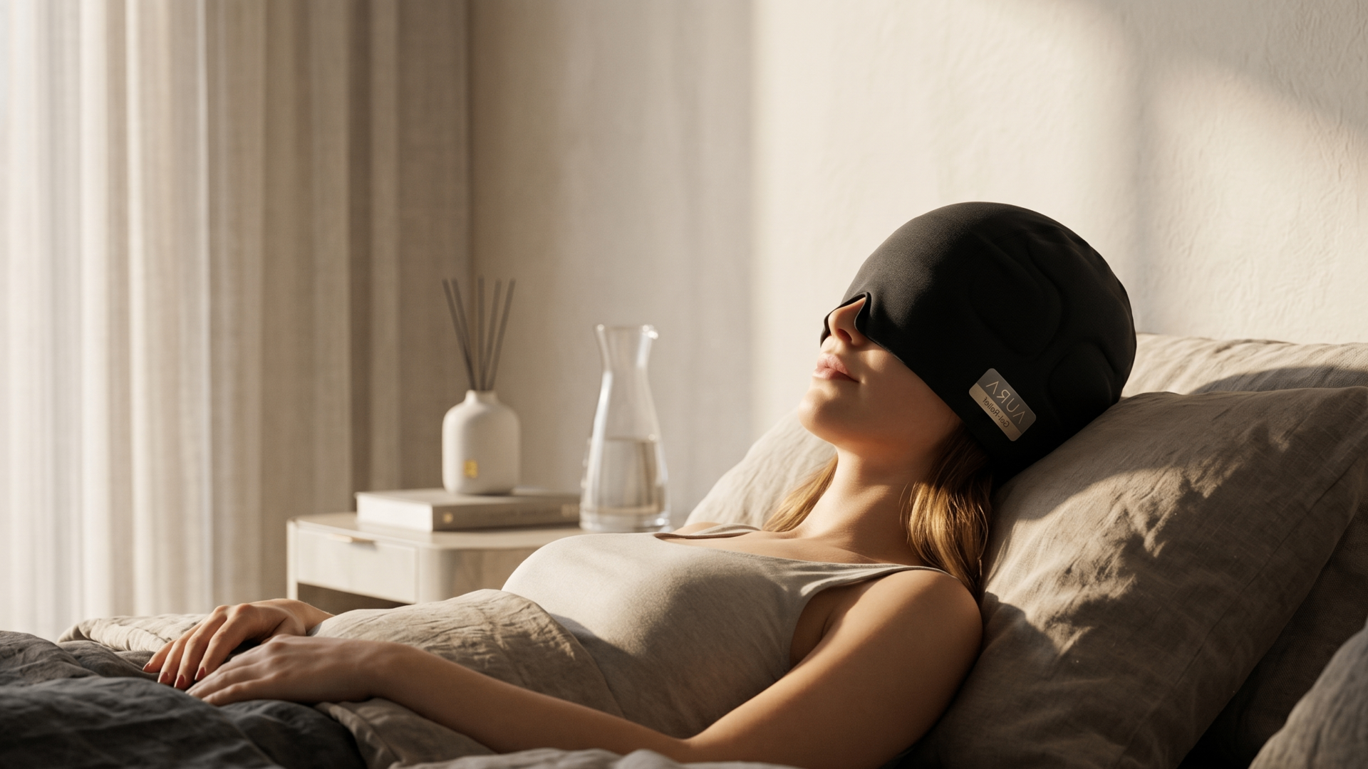 Mujer descansando con gorro de gel Altimo para migraña